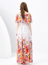 Off the Shoulder Flounced Holiday Printed Cake Dress