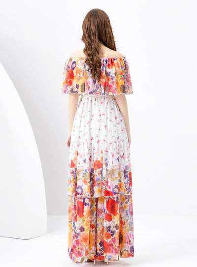 Off the Shoulder Flounced Holiday Printed Cake Dress