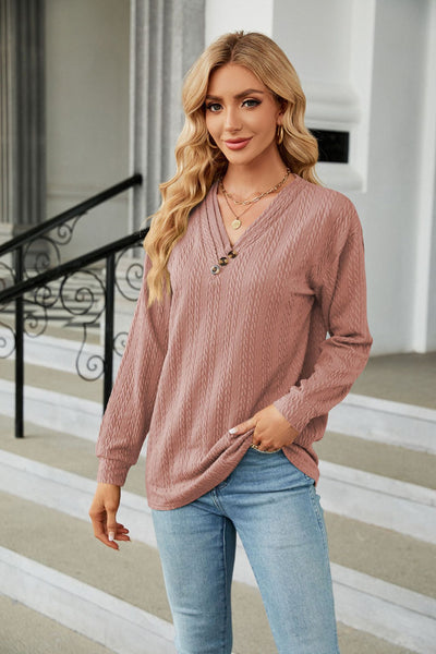 V-neck Button Loose Long Sleeve T-shirt