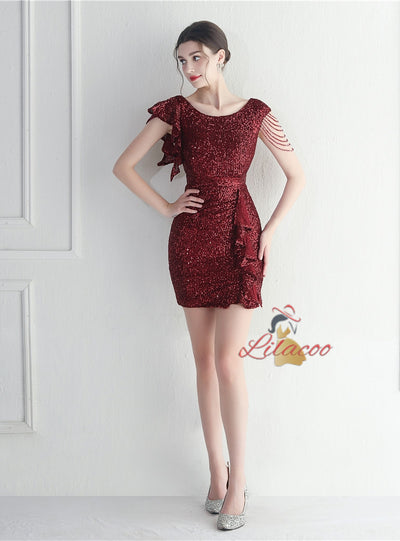 Scoop Neck Sequins Mini Prom Dress