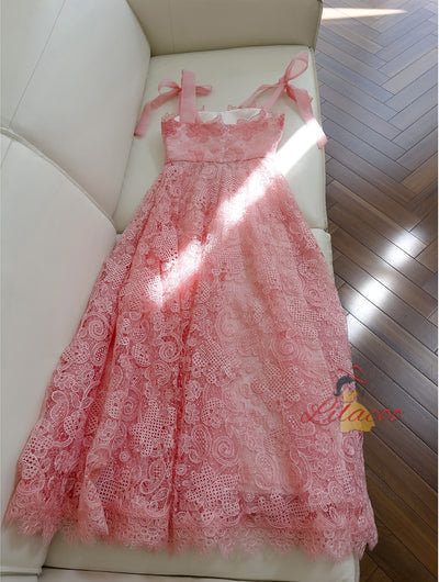 Pink Lace Straps Beading Prom Dress