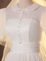 Simple White Tulle Short Sleeve Button Wedding Dress