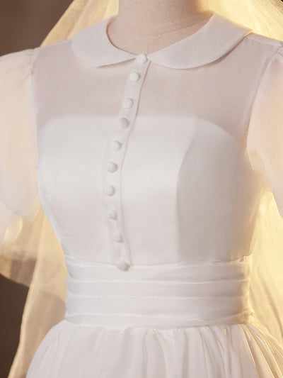 Simple White Tulle Short Sleeve Button Wedding Dress