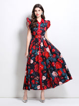 Printed Lotus Leaf Sleeve Lapel Button-down Dress