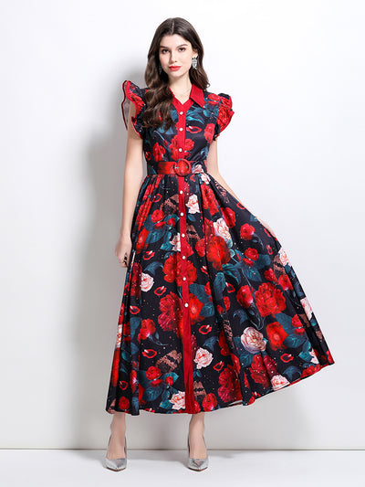 Printed Lotus Leaf Sleeve Lapel Button-down Dress