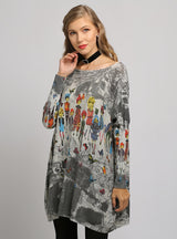 Large Size Printed Bat Sleeve Sweater