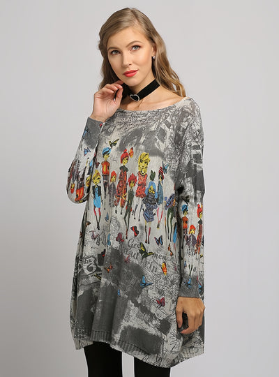 Large Size Printed Bat Sleeve Sweater