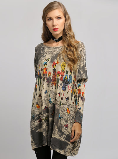 Large Size Printed Bat Sleeve Sweater