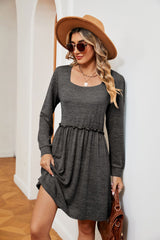 Solid Color Square Neck Long Sleeve Loose Dress