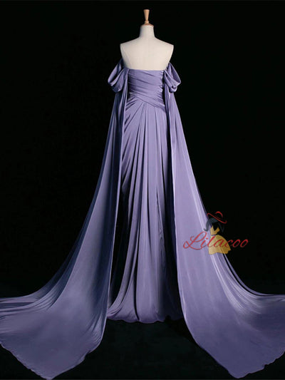 A-Line Purple Off the Shoulder Pleats Prom Dress
