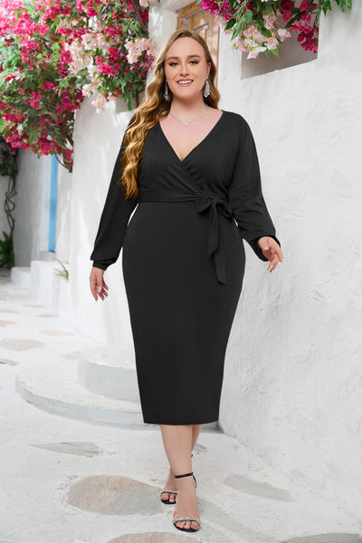 Large Size V-neck Lace-up Dress