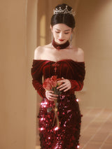 Burgundy Mermaid Sequins Velvet Prom Dress