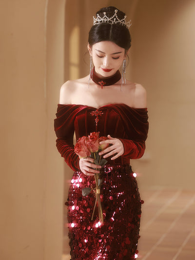 Burgundy Mermaid Sequins Velvet Prom Dress