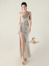 One Shoulder Mermaid Split Sequins Prom Dress