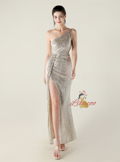 One Shoulder Mermaid Split Sequins Prom Dress