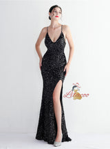 Spaghetti Straps Mermaid Sequins Split Prom Dress