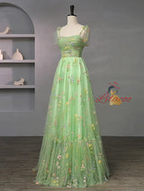 Green Tulle Embroidery Pleats Prom Dress