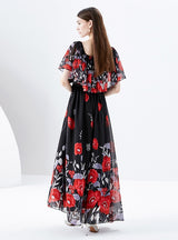 Irregular Diagonal Shoulder Chiffon Floral Dress