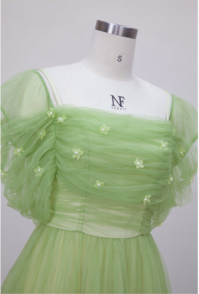 Green Tulle Pleats Flower Prom Dress