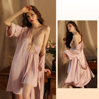 Satin Lace Suspender Nightgown Suit