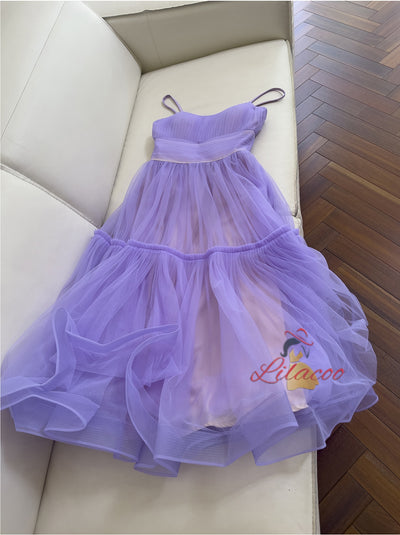 Purple Tulle Straps Pleats Prom Dress