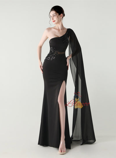 Mermaid One Shoulder Appliques Split Prom Dress