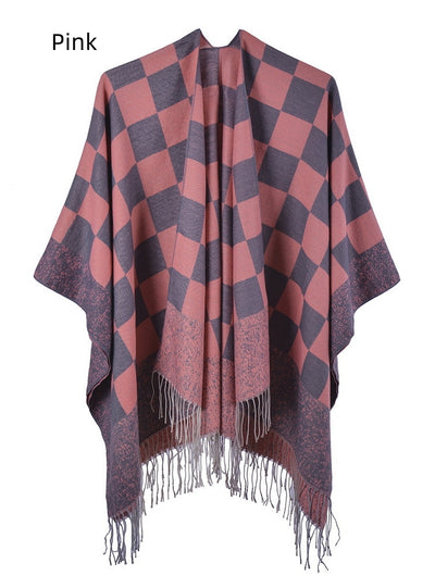 Fringed Shawl Fashion Plaid Split Cloak