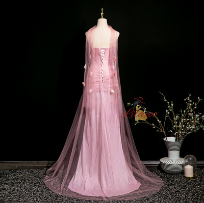 Pink Mermaid Tulle Strapless Flower Prom Dress