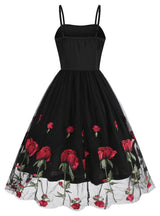 Retro Suspender Mesh Rose Embroidery Dress