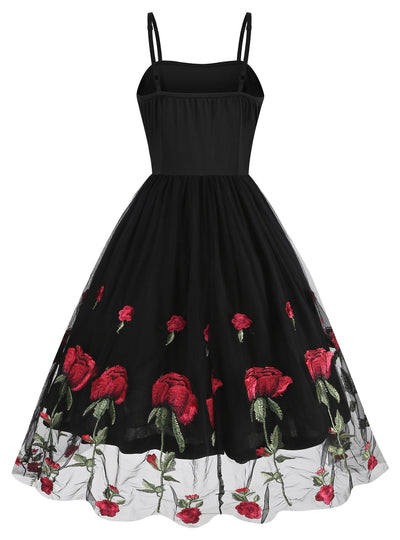 Retro Suspender Mesh Rose Embroidery Dress