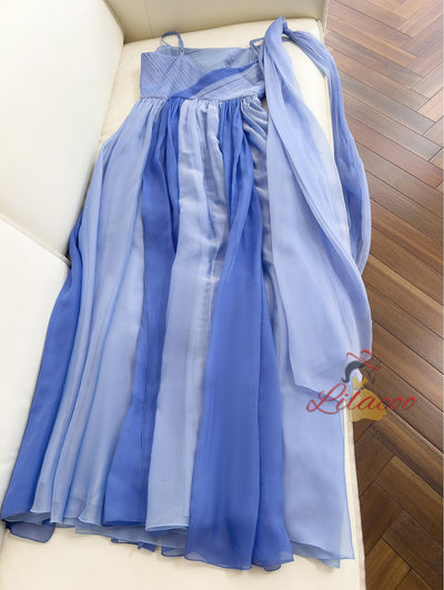 Blue Chiffon Spaghetti Straps Pleats Prom Dress