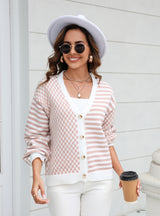 Plaid Stitching Striped Sweater Coat