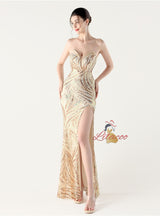 Mermaid Sequins Strapless Beading Split Prom Dress