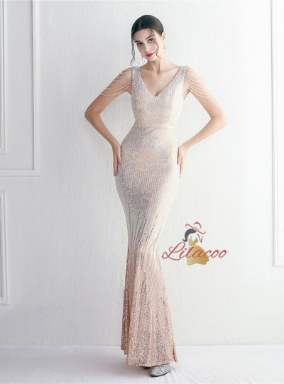 Mermaid V-neck Sequins Beading Prom Dress
