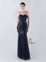 Sequins Tulle Spaghetti Straps Beading Prom Dress