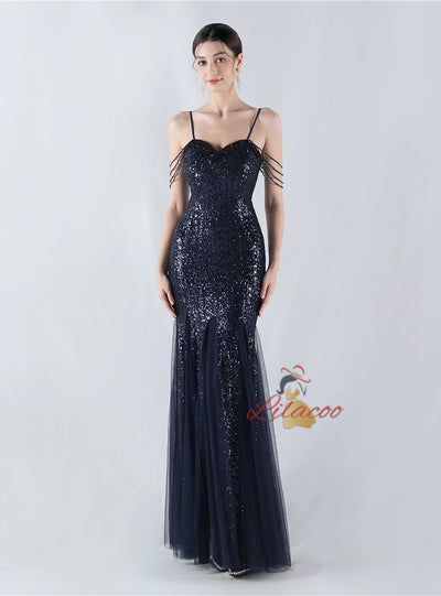 Sequins Tulle Spaghetti Straps Beading Prom Dress