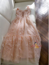 Orange Pink Tulle Lace Butterfly Prom Dress