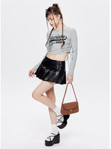 Drawstring Tie Round Neck Letter Long Sleeve T-shirt