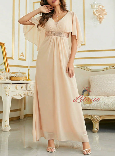 Navy Blue Chiffon V-neck Prom Dress