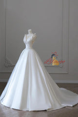 White Satin Pleats See Through Neck Wedding Dress