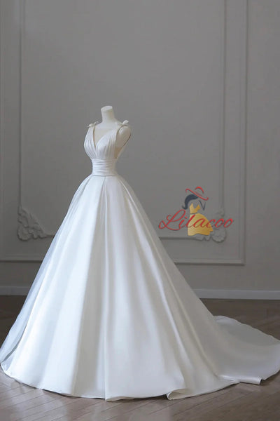 White Satin Pleats See Through Neck Wedding Dress