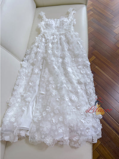 White Tulle Straps 3D Flower Prom Dress