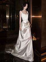 White Satin Straps Wedding Dress