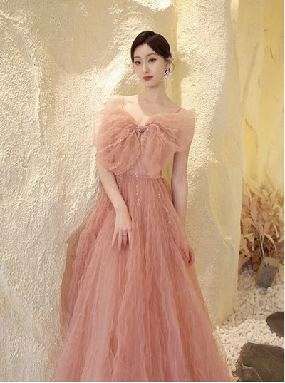 Pink Tulle Pleats Spaghetti Straps Prom Dress