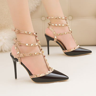 Thin High Heel Patent Leather Metal Rivet Sandals