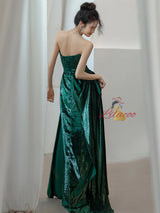 Simple Green Strapless Pleats Prom Dress