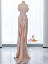 Pink Satin Off the Shoulder Pleats Prom Dress