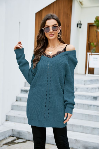 Lace Stitching Pullover V-neck Sweater