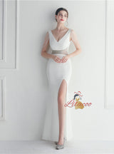 V-neck Mermaid Split Beading Prom Dress