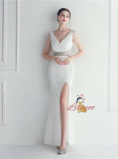 V-neck Mermaid Split Beading Prom Dress